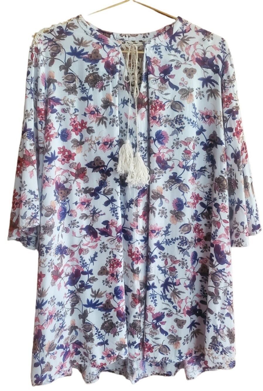 Umgee Botanical Floral Top Tunic Bohemian Hippie Boho Flowy Crochet Back Large